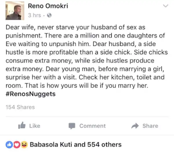 " Before Marrying A Girl, Surprise Her With..": Reno Omokri Talks Side-chicks & Sex In New Post